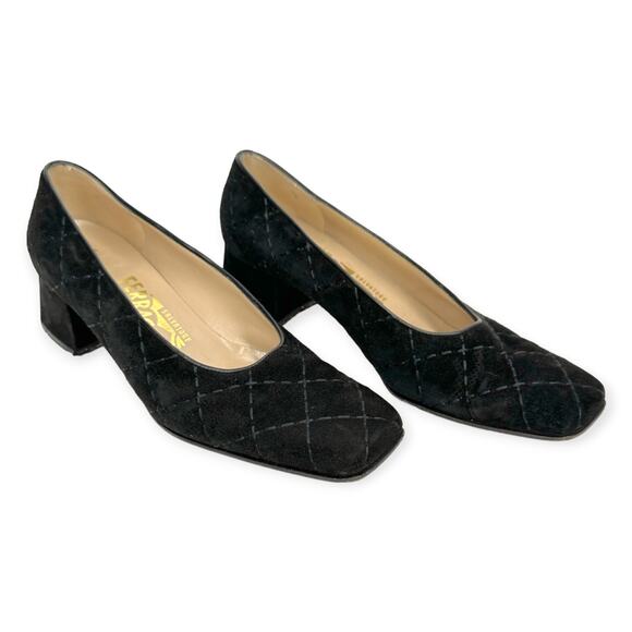 Salvatore Ferragamo | Size 6B | Black Quilted Suede w/ Diamond Design Block Heel - Picture 4 of 11